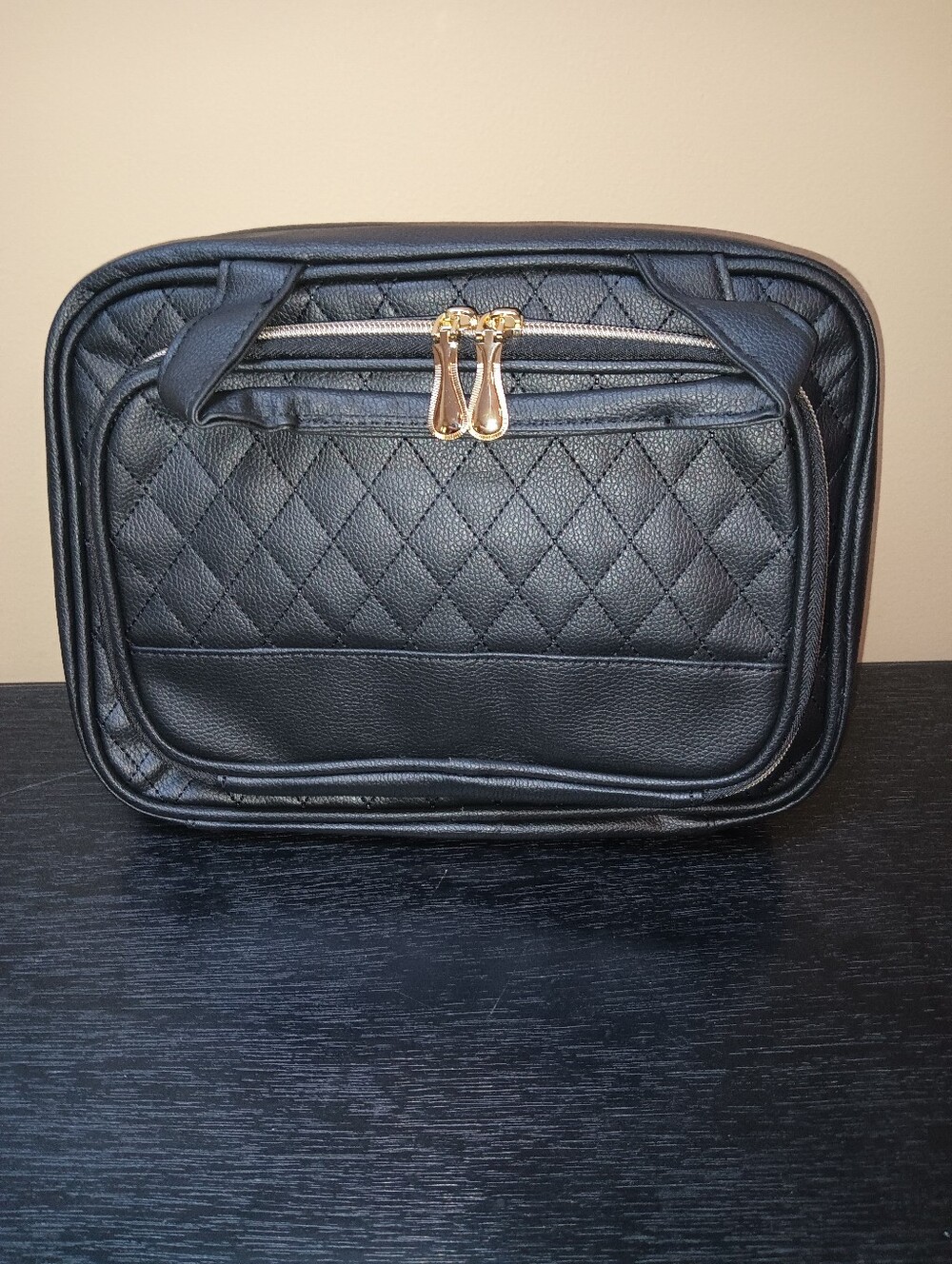 Quilted Black Faux Leather Travel Cosmetic Case with Gold Zippers
